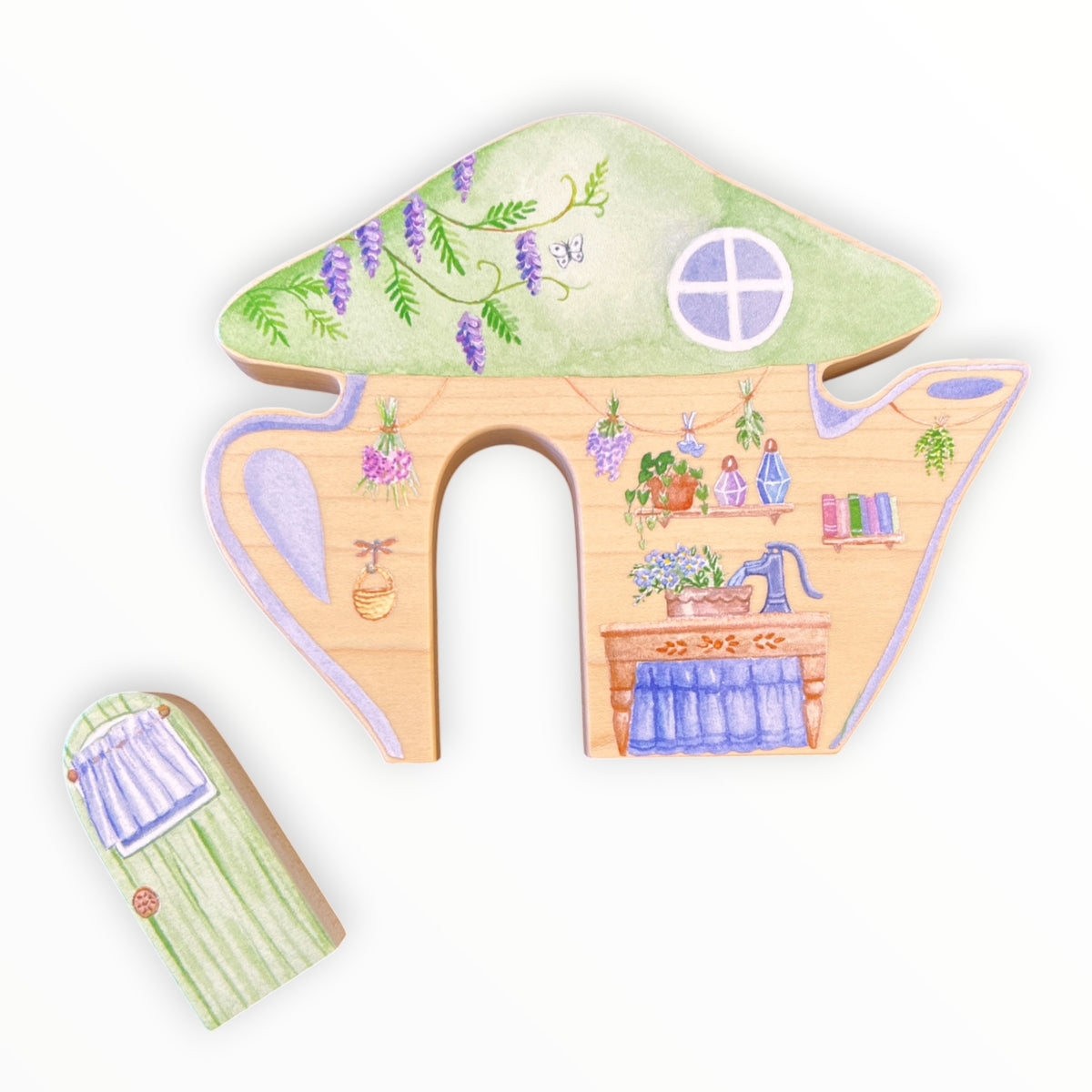 Fairy Village Teapot back - cozy interior with removable green door