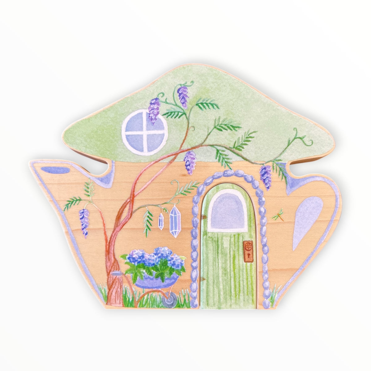 Fairy Village Teapot front - green mushroom-roof cottage with wisteria